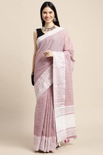  mauve woven linen saree with contrast zari border & tassels
