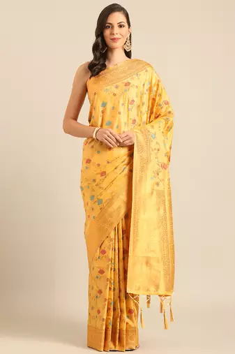 yellow banarasi silk saree with golden zari woven border 