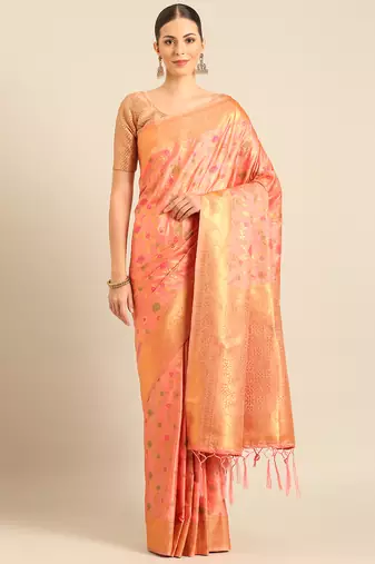 peach banarasi silk saree with golden zari woven border 