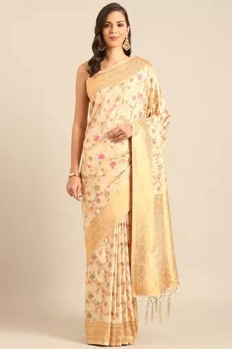 white banarasi silk saree with golden zari woven border 