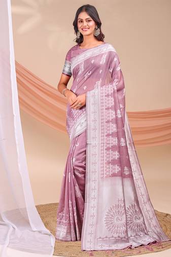 Purple & white linen cotton saree for women 