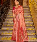 Peach banarasi silk blend woven work saree