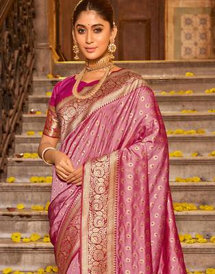 Light pink banarasi silk blend woven work saree 2