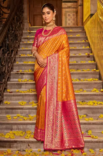 Mustard banarasi silk blend woven work saree