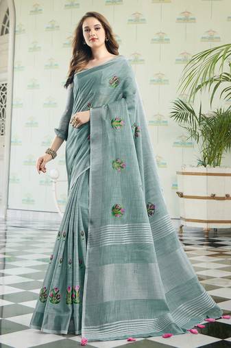 Grey linen cotton embroidered saree