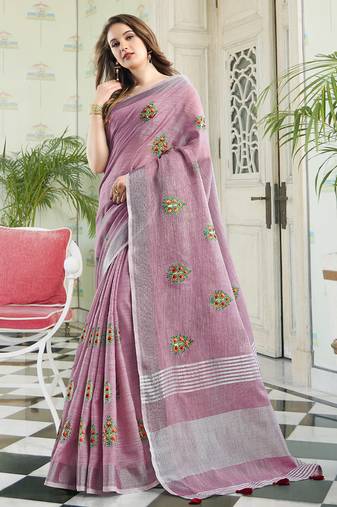 Light purple linen cotton embroidered saree