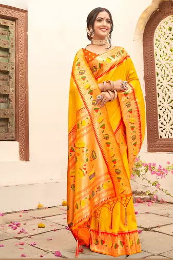 Yellow paithani silk blend woven work  saree