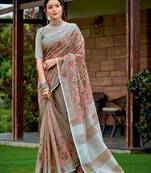 Brown linen cotton resham dori work  saree