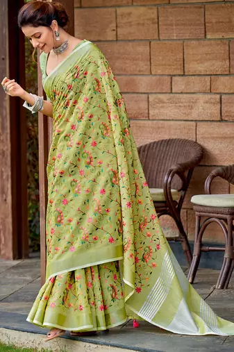 Yellow green linen cotton resham dori work  saree
