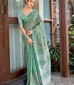 Sea green linen cotton resham dori work  saree