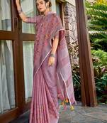 Purple linen cotton resham dori work  saree