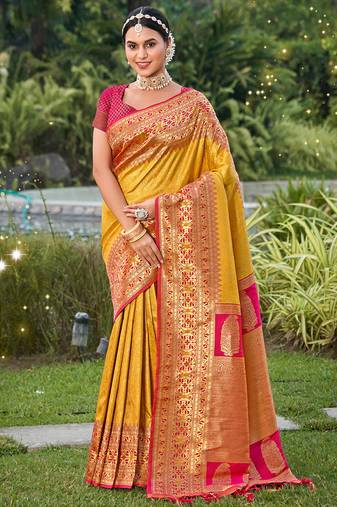 Mustard kanjivaram silk woven work traditional tassels saree