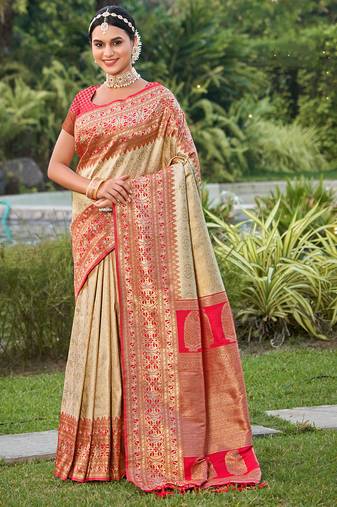 Cream kanjivaram silk woven work traditional tassels saree