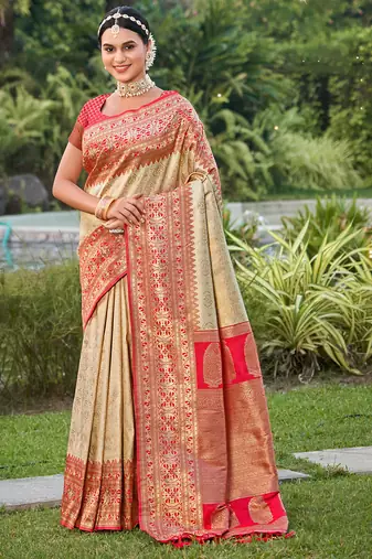 Cream kanjivaram silk woven work traditional tassels saree