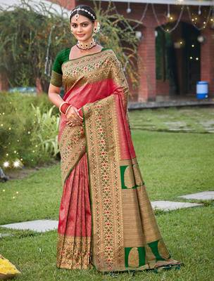 Pink kanjivaram silk woven work traditional tassels saree 1