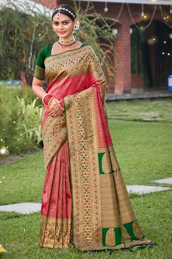 Pink kanjivaram silk woven work traditional tassels saree