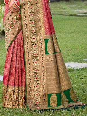 Pink kanjivaram silk woven work traditional tassels saree 3