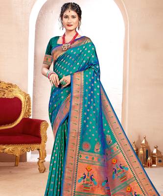 Turquoise paithani silk woven zari work traditional tassle saree 1
