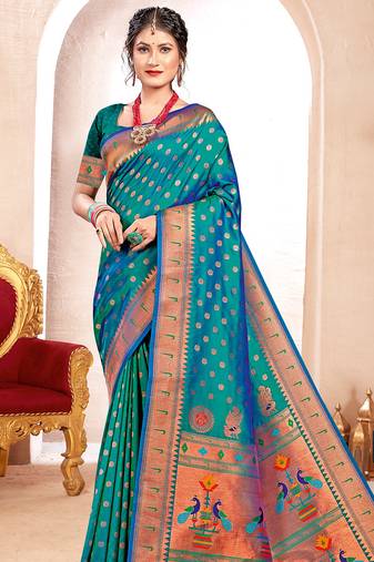 Turquoise paithani silk woven zari work traditional tassle saree