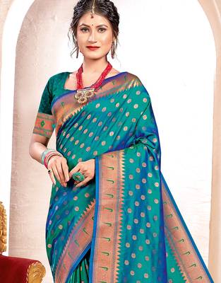 Turquoise paithani silk woven zari work traditional tassle saree 2