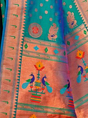 Turquoise paithani silk woven zari work traditional tassle saree 4