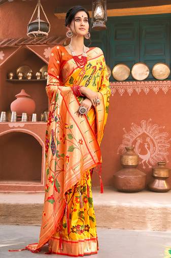 Yellow paithani silk woven work traditional tassle saree