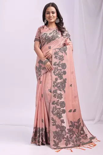 Peach linen cotton saree with  black floral print 