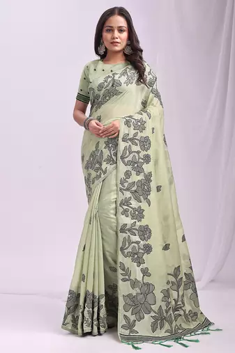 Light green linen cotton saree with  black floral print 