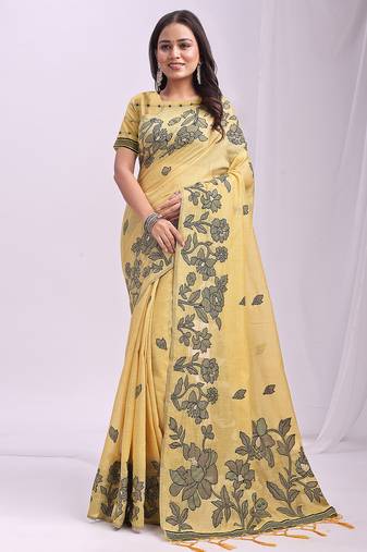 Yellow linen cotton saree with  black floral print 