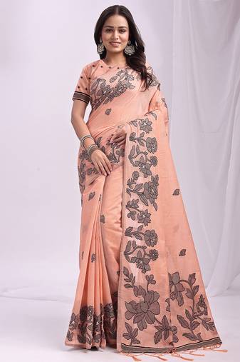 Orange linen cotton saree with  black floral print 