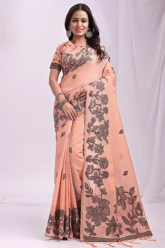 Orange linen cotton saree with  black floral print 