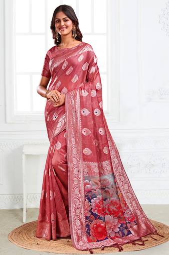 Rust floral linen cotton saree with zari border & digital printed pallu