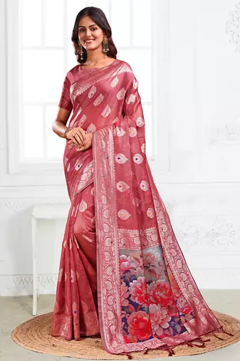 Rust floral linen cotton saree with zari border & digital printed pallu