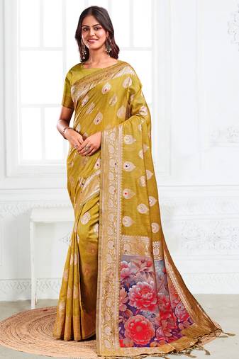 mehendi green floral linen cotton saree with zari border & digital printed pallu