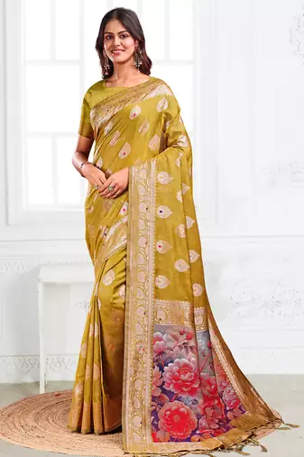 mehendi green floral linen cotton saree with zari border & digital printed pallu