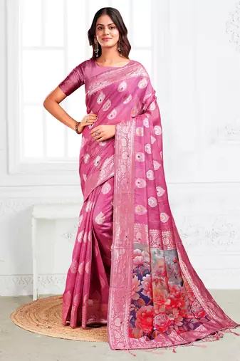 Rose pink floral linen cotton saree with zari border & digital printed pallu
