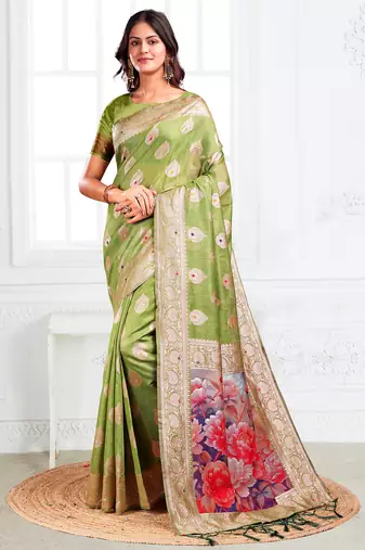 Green floral linen cotton saree with zari border & digital printed pallu