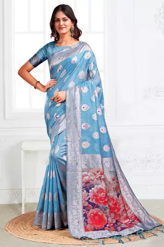 Sky blue floral linen cotton saree with zari border & digital printed pallu