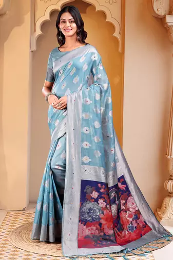 Sky blue floral linen cotton saree with zari border & digital printed pallu