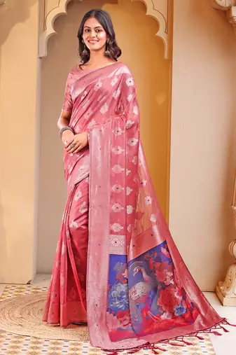 Peach floral linen cotton saree with zari border & digital printed pallu