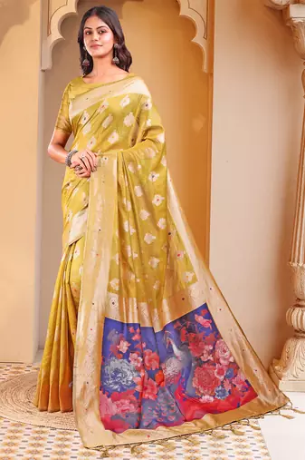 mehendi green floral linen cotton saree with zari border & digital printed pallu