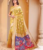 mehendi green floral linen cotton saree with zari border & digital printed pallu