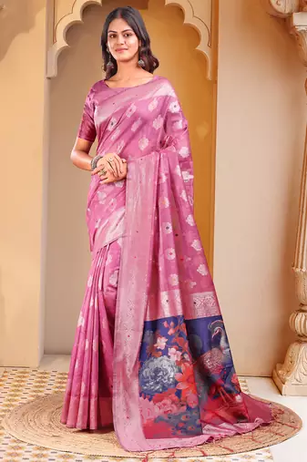Pink floral linen cotton saree with zari border & digital printed pallu