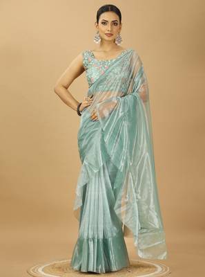 Sea Green Ruffle Style Twill Net Saree with Thread Embroidered Blouse 1