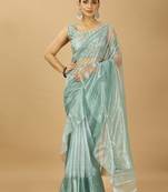 Sea Green Ruffle Style Twill Net Saree with Thread Embroidered Blouse