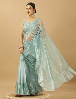 Sea Green Ruffle Style Twill Net Saree with Thread Embroidered Blouse 2