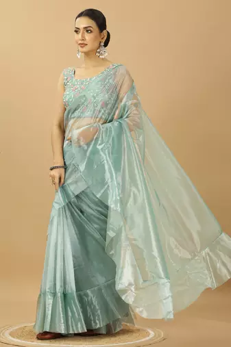 Sea Green Ruffle Style Twill Net Saree with Thread Embroidered Blouse