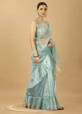 Sea Green Ruffle Style Twill Net Saree with Thread Embroidered Blouse 3