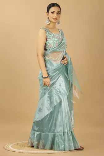 Sea Green Ruffle Style Twill Net Saree with Thread Embroidered Blouse