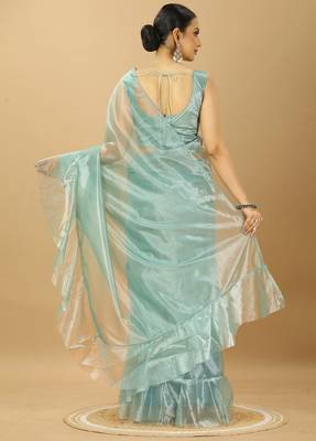 Sea Green Ruffle Style Twill Net Saree with Thread Embroidered Blouse 4